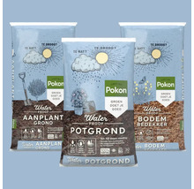 Drie zakken potgrond van Pokon: aanplantgrond, potgrond en bodembedekker