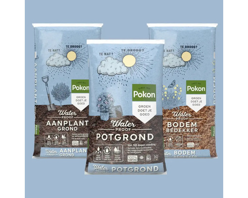 Drie zakken potgrond van Pokon: aanplantgrond, potgrond en bodembedekker