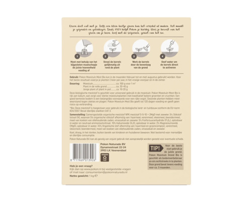 Instructies voor het gebruik van Pokon Bio moestuinmest met doseringsinstructies en fabrikantinformatie