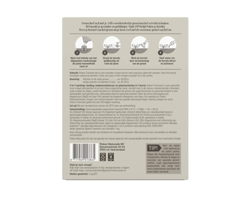 Instructie voor het gebruik van Pokon Tuinmest tuinfmeststof met informatie over de dosering en de methode van aanbrengen