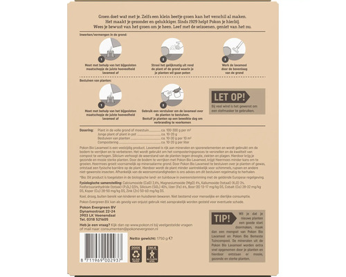 Pokon Bio Lavameel productverpakking met gebruiksaanwijzing en doseringsadvies