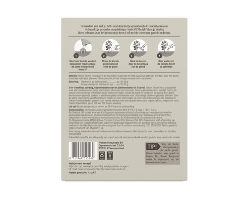 Instructies voor het gebruik van Pokon Rozenmest, inclusief dosering en wijze van aanbrengen