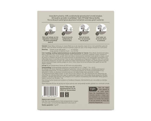 Instructies voor het gebruik van Pokon Rodo Hortensia en Azalea mest met informatie over dosering en samenstelling
