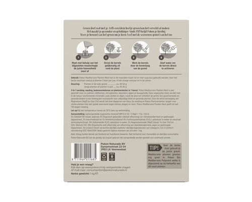 Instructie voor het gebruik van Pokon Mediterrane Plantenvoeding: meten, strooien, inwerken en water geven.