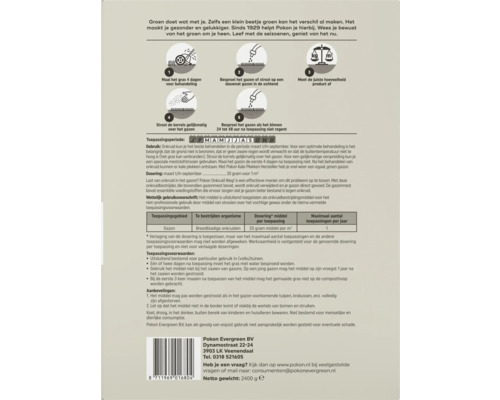 Productinformatie voor Pokon gazonmest met onkruidverdelger met stappenplan, doseringstabel, kalender en veiligheidsvoorschriften.