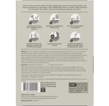 Gebruiksaanwijzing voor gazonherstel in zes stappen met illustraties en instructies.