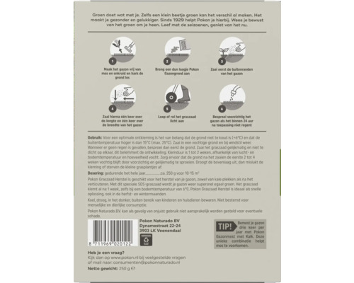 Gebruiksaanwijzing voor gazonherstel in zes stappen met illustraties en instructies.