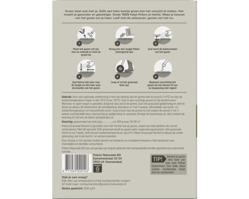 Achterkant Pokon Graszaad-verpakking met 6-stappenplan, gebruiksinstructies en dosering van circa 500 gram voor 20 tot 30 vierkante meter.