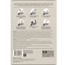 Achterkant van Pokon graszaadverpakking met instructies in zes stappen voor gazonherstel, gebruikstips, dosering en informatie van de fabrikant.