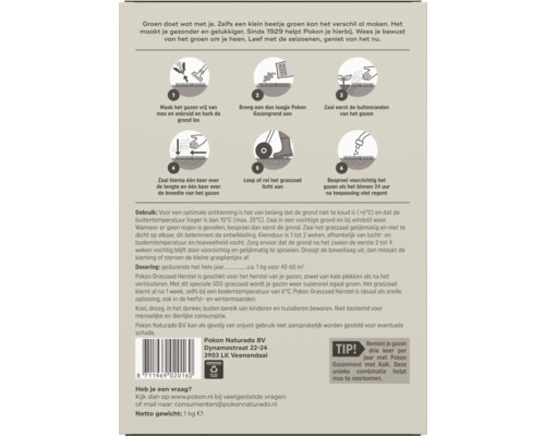Achterkant van Pokon graszaadverpakking met instructies in zes stappen voor gazonherstel, gebruikstips, dosering en informatie van de fabrikant.