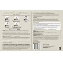 Achterzijde van de verpakking van Pokon Onkruid Weg met gebruiksinstructies, een kalender voor de periode van maart tot september en een doseertabel.