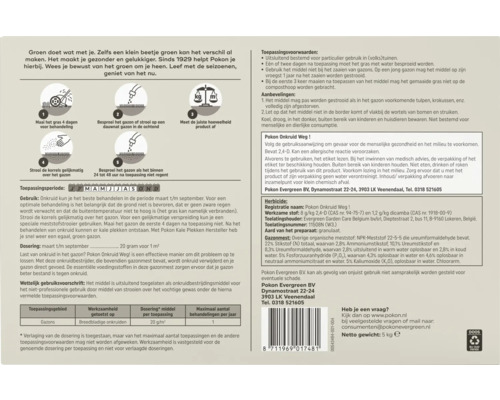 Achterzijde van de verpakking van Pokon Onkruid Weg met gebruiksinstructies, een kalender voor de periode van maart tot september en een doseertabel.