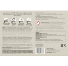 Achterzijde van de verpakking van Pokon Mos Weg met gebruiksinstructies, doseringstabel en veiligheidsvoorschriften.