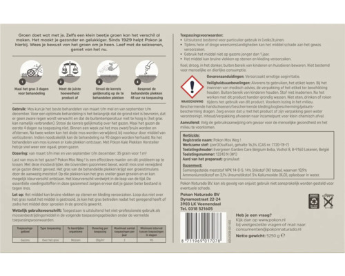 Achterzijde van de verpakking van Pokon Mos Weg met gebruiksinstructies, doseringstabel en veiligheidsvoorschriften.