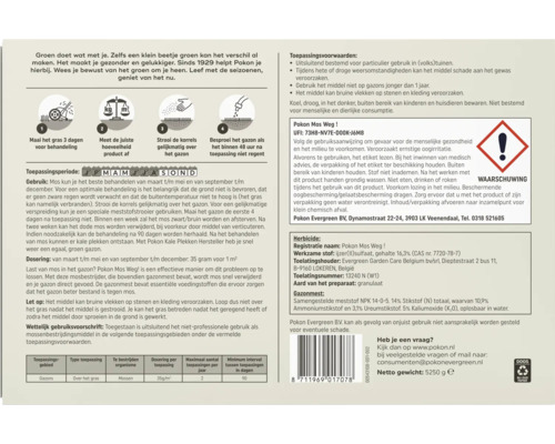 Achterzijde Pokon Mos Weg verpakking met instructies, toepassingsiconen, seizoenskalender, gevarensymbool en technische productdetails.