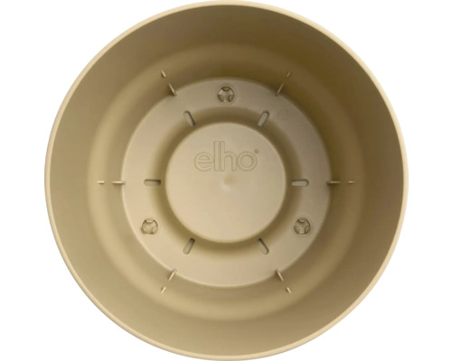 Binnenaanzicht van een ronde kunststof bloempot met drainagegaten en elho Logo.