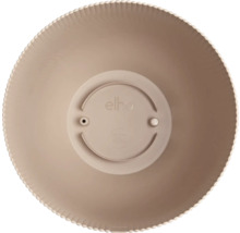 Bovenaanzicht van een ronde plantenschaal met een geribbelde rand, elho Logo en drainageopening in de bodem.