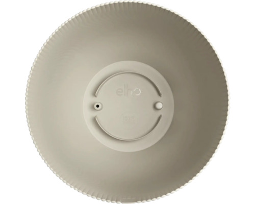 Bovenaanzicht van een ronde elho plantenschaal van kunststof met geribbelde binnenwand en een afwateringsgat in de bodem.