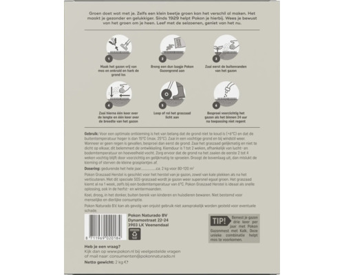 Achterzijde van de verpakking van Pokon Graszaad Herstel met een geïllustreerde zesstaps instructie, gebruiksaanwijzing en dosering.