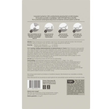 Achterzijde van de Pokon Tuinmest verpakking met stappenplan voor gebruik, dosering, productsamenstelling en recyclingsymbolen.