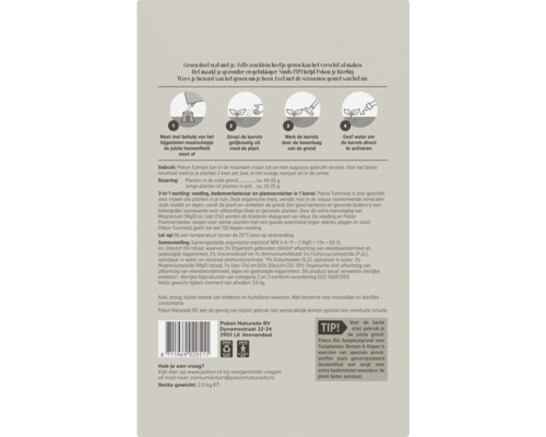 Achterzijde van de Pokon Tuinmest verpakking met stappenplan voor gebruik, dosering, productsamenstelling en recyclingsymbolen.