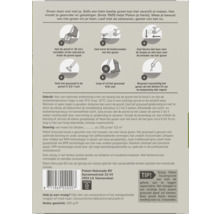 Achterkant van een Pokon graszaadverpakking met 6-stappenplan voor inzaaien, gebruiksinstructies, dosering, Pokon Logo en recyclingsymbool.