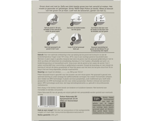 Achterkant van een Pokon graszaadverpakking met 6-stappenplan voor inzaaien, gebruiksinstructies, dosering, Pokon Logo en recyclingsymbool.