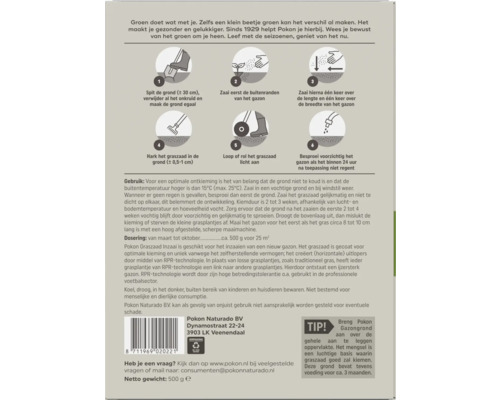 Achterzijde van een verpakking graszaad met een stapsgewijze instructie voor gazonaanleg, gebruiksaanwijzing en dosering.