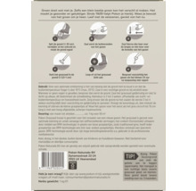 Gebruiksaanwijzing voor het inzaaien van graszaad in zes stappen met iconen, informatie over gebruik, dosering en bewaring.