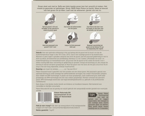 Gebruiksaanwijzing voor het inzaaien van graszaad in zes stappen met iconen, informatie over gebruik, dosering en bewaring.