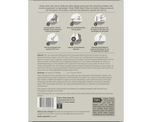 Achterzijde van graszaadverpakking met zes geïllustreerde stappen voor het zaaien en gedetailleerde gebruiks- en doseringsinstructies.