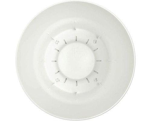 Binnenaanzicht van een ronde, witte Elho plantenpot van kunststof met drainagegleuven.