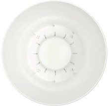 Binnenaanzicht van een ronde witte kunststof plantenpotbodem met afwateringsgleuven.