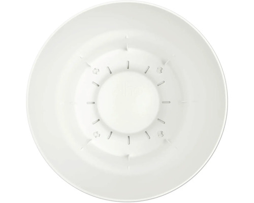 Binnenaanzicht van een ronde witte kunststof plantenpotbodem met afwateringsgleuven.