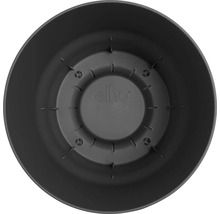 Binnenaanzicht van een ronde zwarte kunststof plantenpot met elho Logo en bodemstructuur.