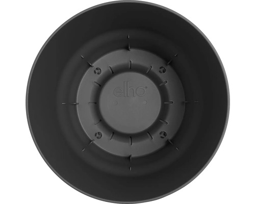 Binnenaanzicht van een ronde zwarte kunststof plantenpot met elho Logo en bodemstructuur.