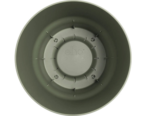 Bovenaanzicht van de binnenkant van een ronde, groene Elho kunststof bloempot.