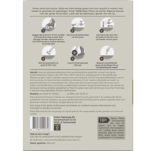 Achterkant van de Pokon graszaadverpakking met een zesstaps geïllustreerde handleiding voor het zaaien, gebruiksinstructies en dosering.