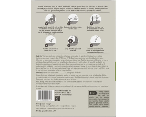 Achterkant van de Pokon graszaadverpakking met een zesstaps geïllustreerde handleiding voor het zaaien, gebruiksinstructies en dosering.