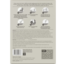 Achterzijde Pokon graszaadverpakking met instructies voor inzaaien in zes stappen, gebruikstips, dosering en barcode.