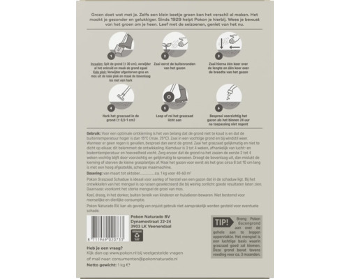 Achterzijde Pokon graszaadverpakking met instructies voor inzaaien in zes stappen, gebruikstips, dosering en barcode.