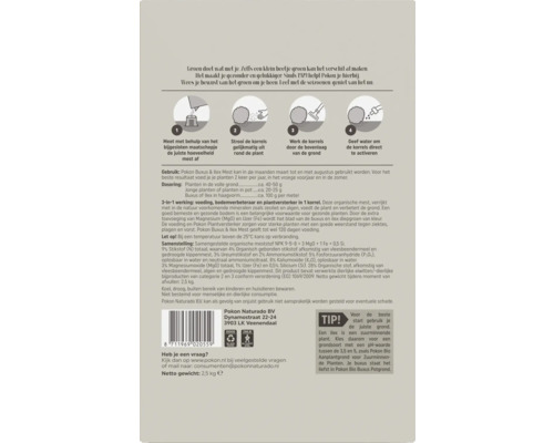 Achterkant van de verpakking van Pokon Buxus en Ilex Mest met gebruiksstappen, doseerinformatie, samenstelling en tips. Netto gewicht 2,5 kilogram.