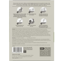 Achterkant van de verpakking met een zes-stappenplan voor het zaaien van Pokon graszaad schaduw, aanvullende gebruiksinstructies en dosering.