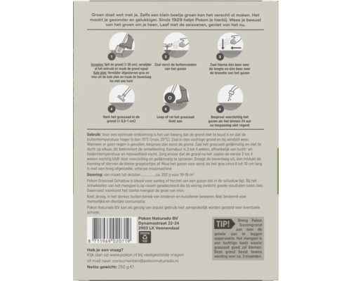Achterkant van de verpakking met een zes-stappenplan voor het zaaien van Pokon graszaad schaduw, aanvullende gebruiksinstructies en dosering.