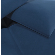 Detailweergave van een blauwe meubelstof met een zachte textuur.