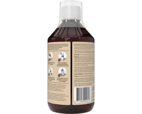 Achteraanzicht van een fles Pokon Bio Kuur voor planten met gebruiksaanwijzing en streepjescode op het etiket.