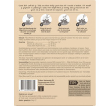 Achterzijde van de Pokon Bio Kleinfruit Mest verpakking met geïllustreerde instructies in vier stappen, doseringstabel en samenstelling.