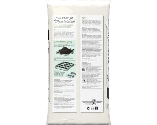 Achterzijde van een zak Pokon mix voor de moestuinbak met gebruiksaanwijzing, tips, samenstelling en duurzaamheidskeurmerken. Inhoud 45 liter.