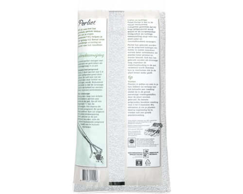 Achterzijde van een verpakking Pokon Perliet voor luchtige bodem en drainage, met RHP-keurmerk, gerecycled materiaal en instructies.