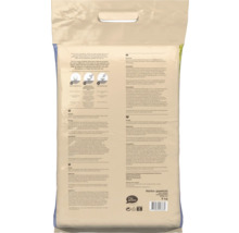 Achterzijde van een 5 kilogram verpakking Pokon Bio Tuinmest met Pokon Logo, gebruiksaanwijzing, ingrediënten en zegel voor biogebaseerd plastic.